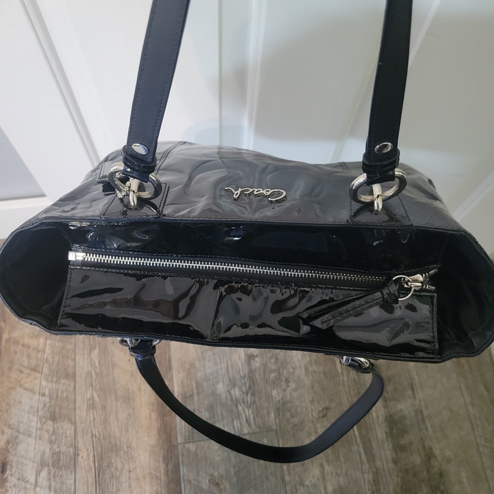 Vintage Coach Patent Leather Tote Purse Black Signature C Monogram Shoulder Bag - Picture 15 of 16